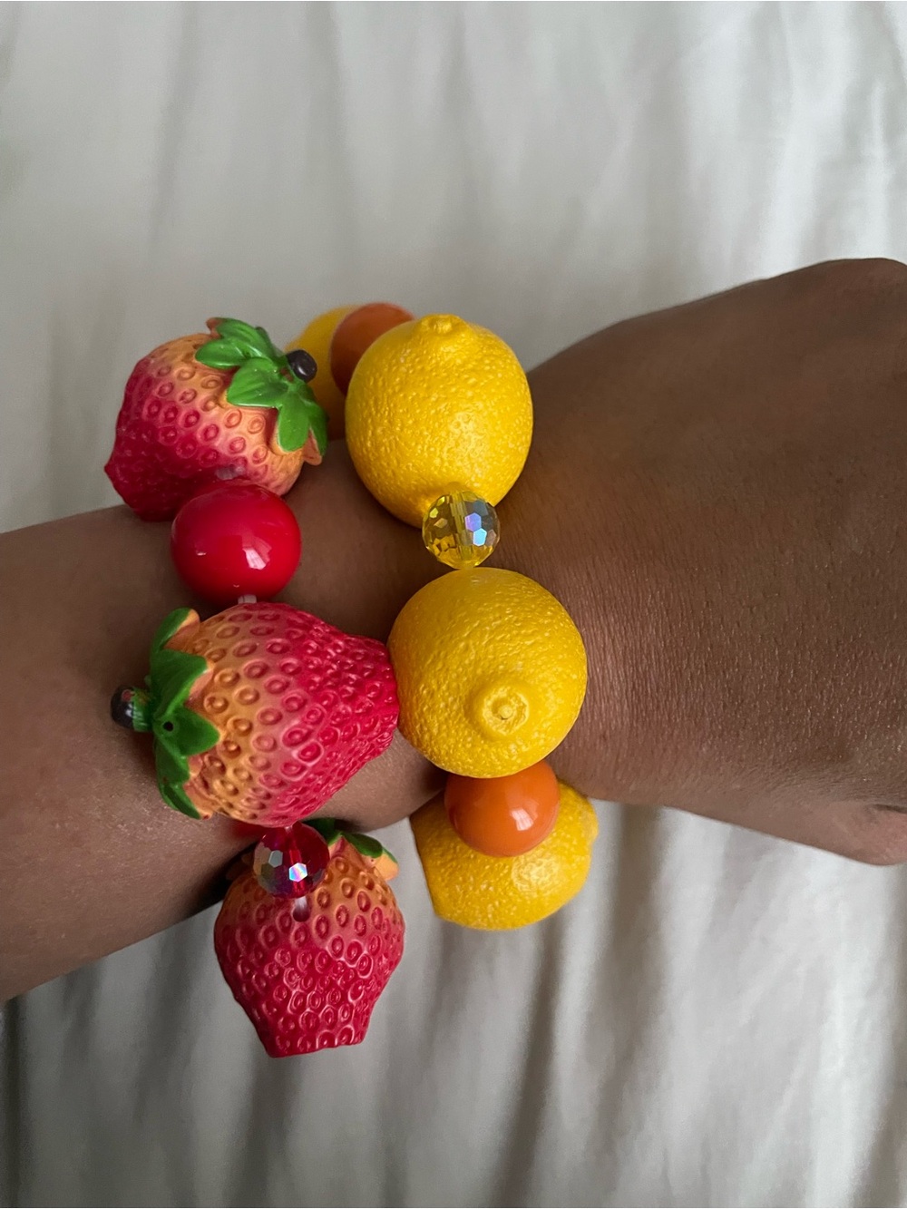 Lemon and strawberry Fruit beaded Stretch Bracelet - Yellow & orange. Handmade